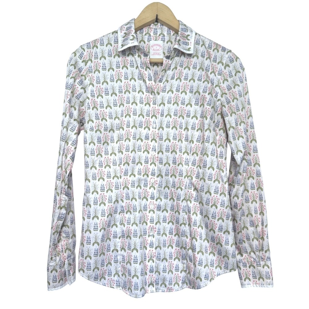 Brooks Brothers Shirt Womens 2 White Floral Tailored Fit Cotton Button Down
